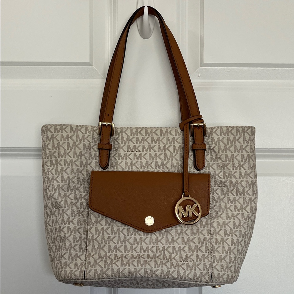 Michael Kors Beige Logo Tote with Brown Trim